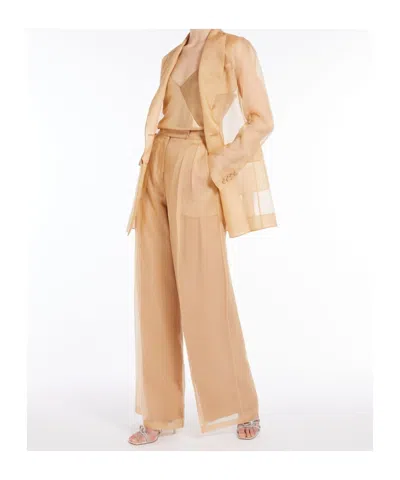 Max Mara Wide-leg Trousers In Sheer Organza With Pleated Detailing In Camel