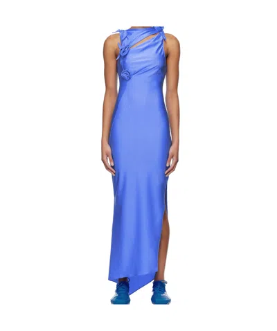 Coperni Asymmetrical Floral Applique Midi Dress In Blue