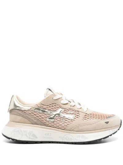 Premiata Low Top Sneakers With Mesh And Metallic In Neutrals