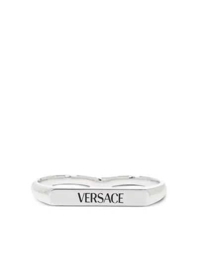 Versace Logo-engraved Two Finger Ring In Metallic