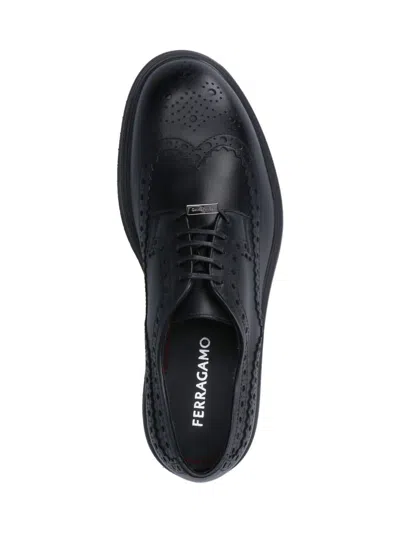 Ferragamo Lace Brogue Shoes Round Toe Rubber Sole In Black