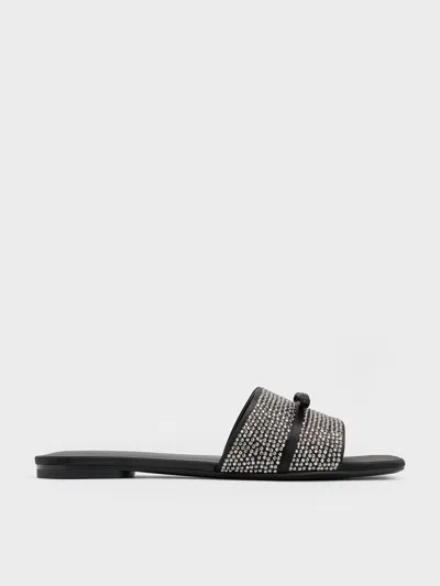 Charles & Keith - Satin Crystal-embellished Bow Slide Sandals In Black Textured