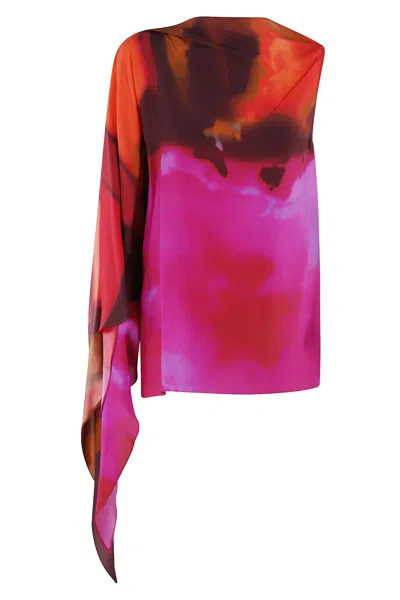 Gianluca Capannolo Multicolored Silk Top With Shawl Neckline In Fuxia Red