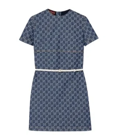 Gucci Gg Jacquard Denim Mini Dress In Blue