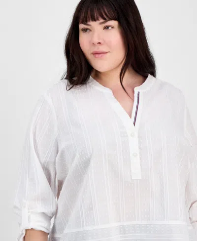Tommy Hilfiger Plus Size Cotton Metallic Clip-dot Popover Tunic, Exclusively At Macy's In Bright White