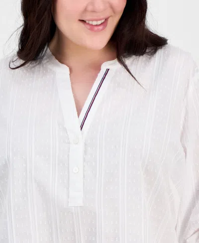 Tommy Hilfiger Plus Size Cotton Metallic Clip-dot Popover Tunic, Exclusively At Macy's In Bright White