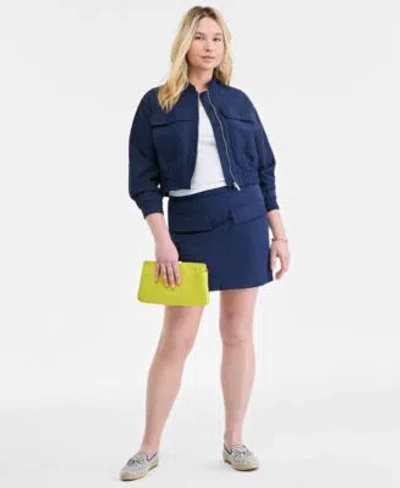 On 34th Womens Cropped Linen Utility Bomber Knit Scoop Neck Raglan Cap Sleeve Top Solid Linen Mini Skirt Exc In Intrepid Blue