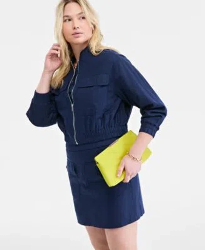 On 34th Womens Cropped Linen Utility Bomber Knit Scoop Neck Raglan Cap Sleeve Top Solid Linen Mini Skirt Exc In Intrepid Blue