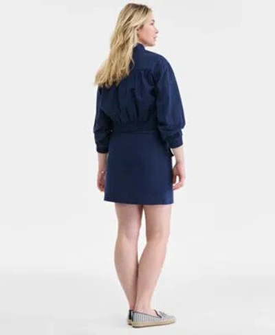 On 34th Womens Cropped Linen Utility Bomber Knit Scoop Neck Raglan Cap Sleeve Top Solid Linen Mini Skirt Exc In Intrepid Blue