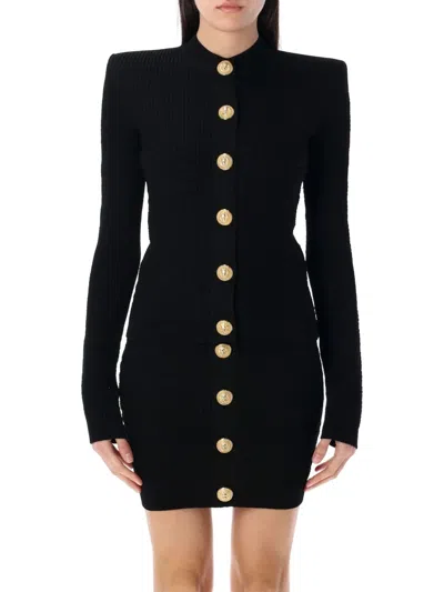Balmain Ribbed Texture Knit Cardigan With Gold Buttons In Black