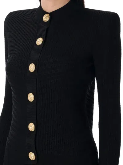 Balmain Ribbed Texture Knit Cardigan With Gold Buttons In Black