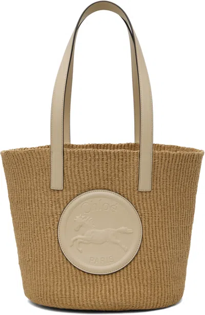 Chloé Large Horse Medal Basket Tote Bag In Paper And Leather In Deep Ivory