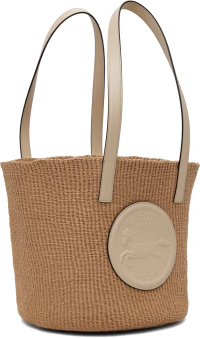 Chloé Large Horse Medal Basket Tote Bag In Paper And Leather In Deep Ivory