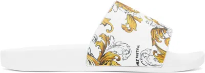 Versace Jeans Couture White Outline Barocco Pool Slides In Eg03 White/gold