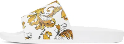 Versace Jeans Couture White Outline Barocco Pool Slides In Eg03 White/gold