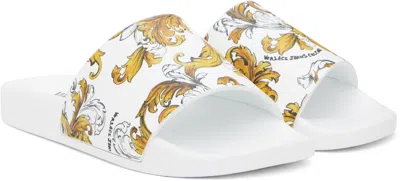Versace Jeans Couture White Outline Barocco Pool Slides In Eg03 White/gold