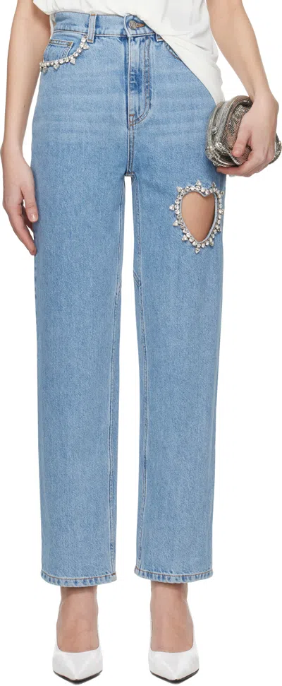 Area Crystal Heart Cutout Straight-leg Ankle Jeans In Light Blue