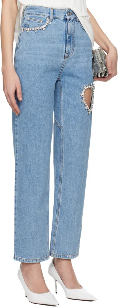 Area Crystal Heart Cutout Straight-leg Ankle Jeans In Light Blue