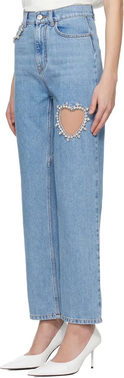 Area Crystal Heart Cutout Straight-leg Ankle Jeans In Light Blue
