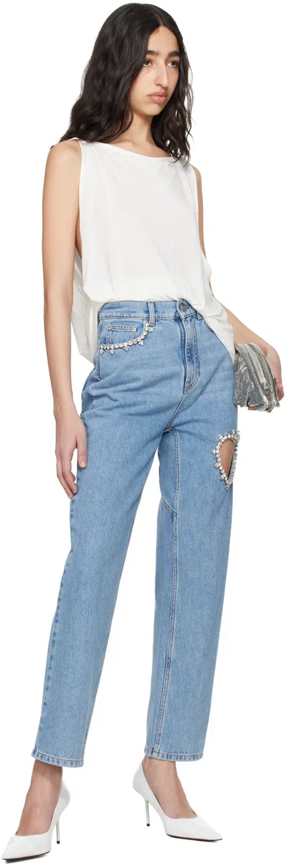 Area Crystal Heart Cutout Straight-leg Ankle Jeans In Light Blue