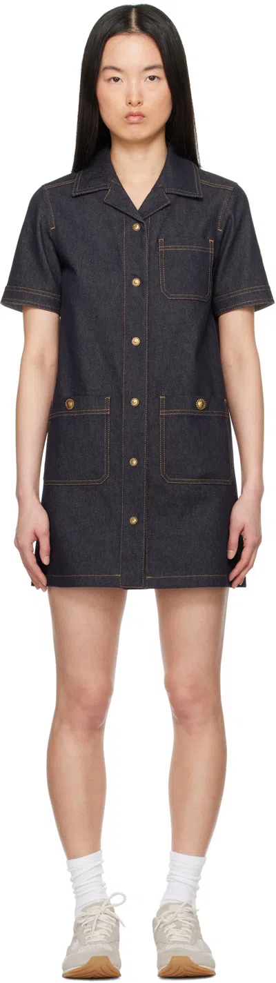 Moncler Short Sleeve Denim Dress With Front Pockets In Blue