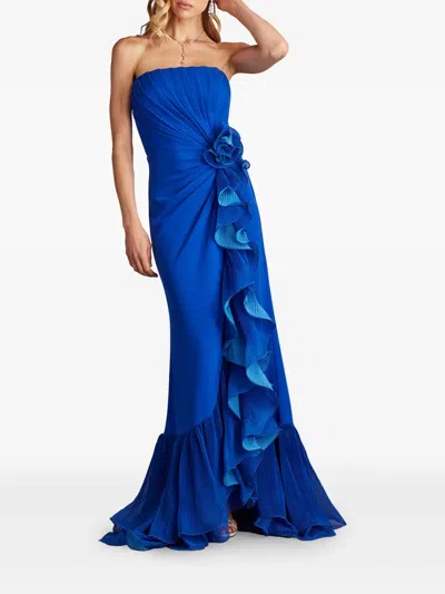 Tadashi Shoji Pleated Strapless Gown With Cascading Ruffles In Multi