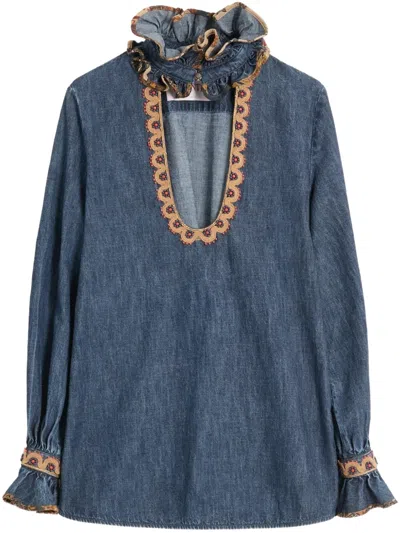 Valentino Denim Blouse With Embroidered Edges In Blue