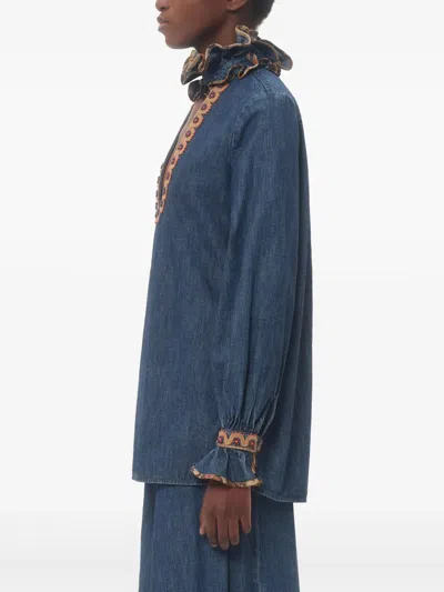 Valentino Denim Blouse With Embroidered Edges In Blue