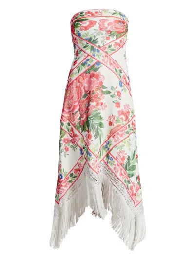 Tadashi Shoji Scarf Print Fringe Detail Strapless Cocktail Midi Dress In Multi