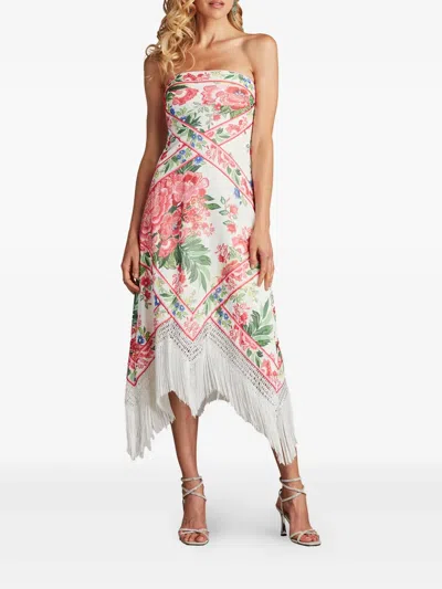 Tadashi Shoji Scarf Print Fringe Detail Strapless Cocktail Midi Dress In Multi