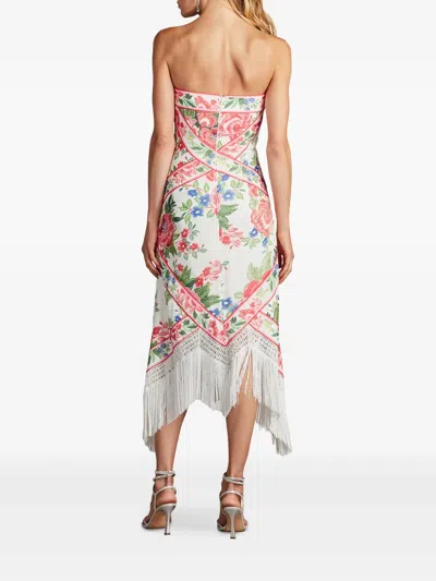 Tadashi Shoji Scarf Print Fringe Detail Strapless Cocktail Midi Dress In Multi