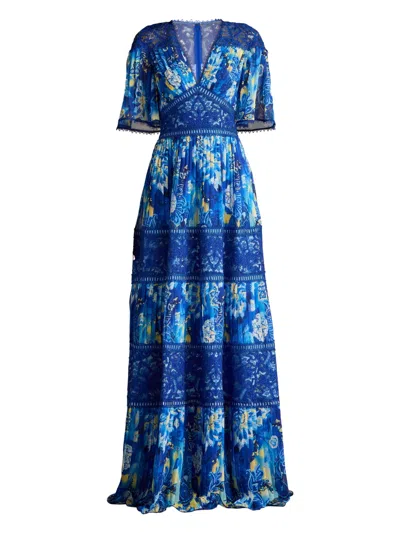 Tadashi Shoji Chq25199l Long Floral Pleated Formal Dress In Blue
