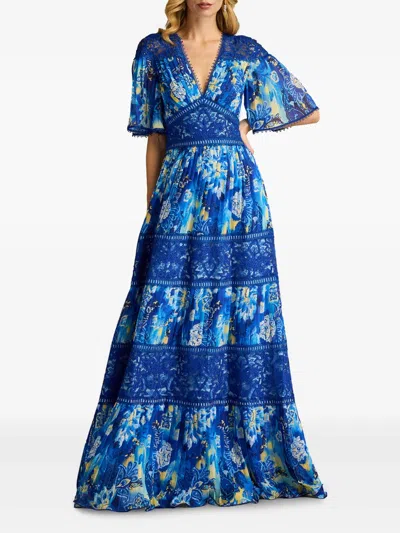 Tadashi Shoji Chq25199l Long Floral Pleated Formal Dress In Blue