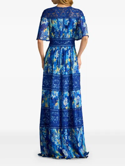 Tadashi Shoji Chq25199l Long Floral Pleated Formal Dress In Blue