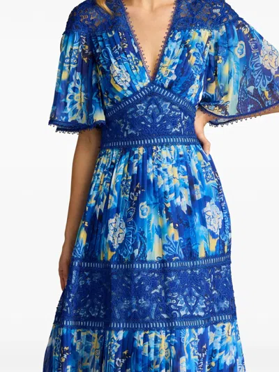 Tadashi Shoji Chq25199l Long Floral Pleated Formal Dress In Blue