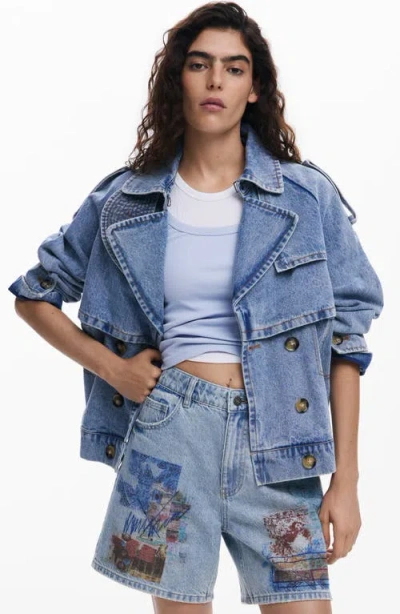 Desigual Patchwork Pattern Denim Shorts In Blue