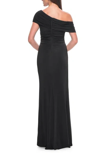 La Femme Jersey Evening Gown With Asymmetrical Neckline In Black