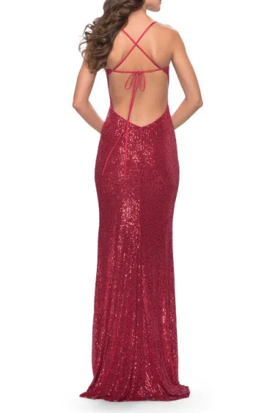 La Femme Line Sequin Stretch Prom Dress With Defined Cups In Red