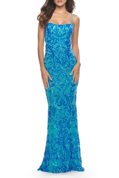 La Femme Print Sequin Gown With Square Neckline In Aqua