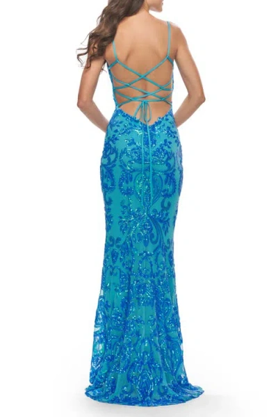 La Femme Print Sequin Gown With Square Neckline In Aqua