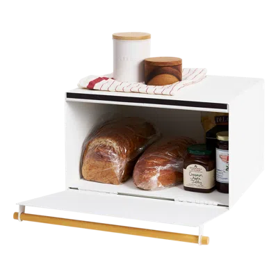 Yamazaki Home Bread Box - Two Styles, Steel + Wood, Horizontal, Supports 22.2 Pounds, Handle, No Assembly In White