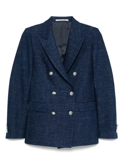 Tagliatore Double-breasted Structured Shoulder Jacket With Button Detailing In Blue