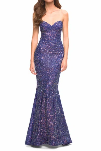 La Femme Unique Long Sequin Strapless Gown With Sweetheart Top In Indigo