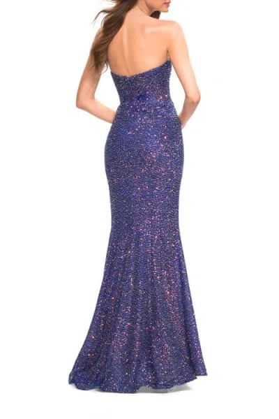 La Femme Unique Long Sequin Strapless Gown With Sweetheart Top In Indigo