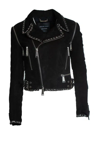 Philipp Plein Suede Biker Jacket With Chain In Black