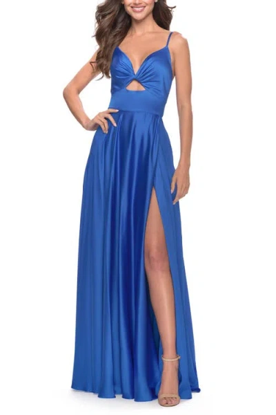 La Femme Satin A-line Gown With Cut Out And Twist Bodice In Royal Blue