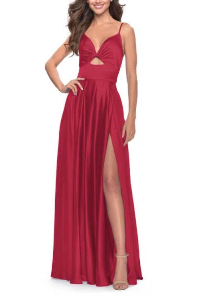 La Femme Satin A-line Gown With Cut Out And Twist Bodice In Red