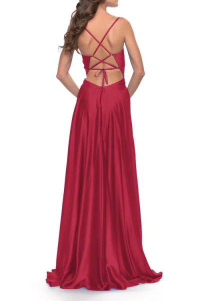 La Femme Satin A-line Gown With Cut Out And Twist Bodice In Red