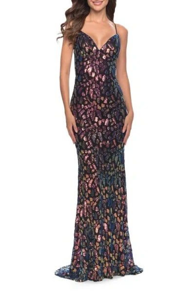 La Femme Multi Color Print Sequin Dress With Lace Up Back In Black