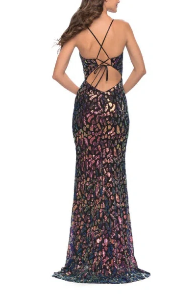 La Femme Multi Color Print Sequin Dress With Lace Up Back In Black